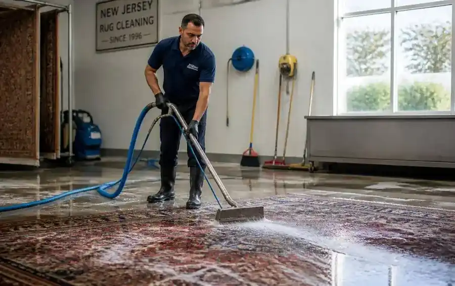 Technician deep cleaning an Oriental rug at the Mr. Carpet Cleaning wash plant in New Jersey